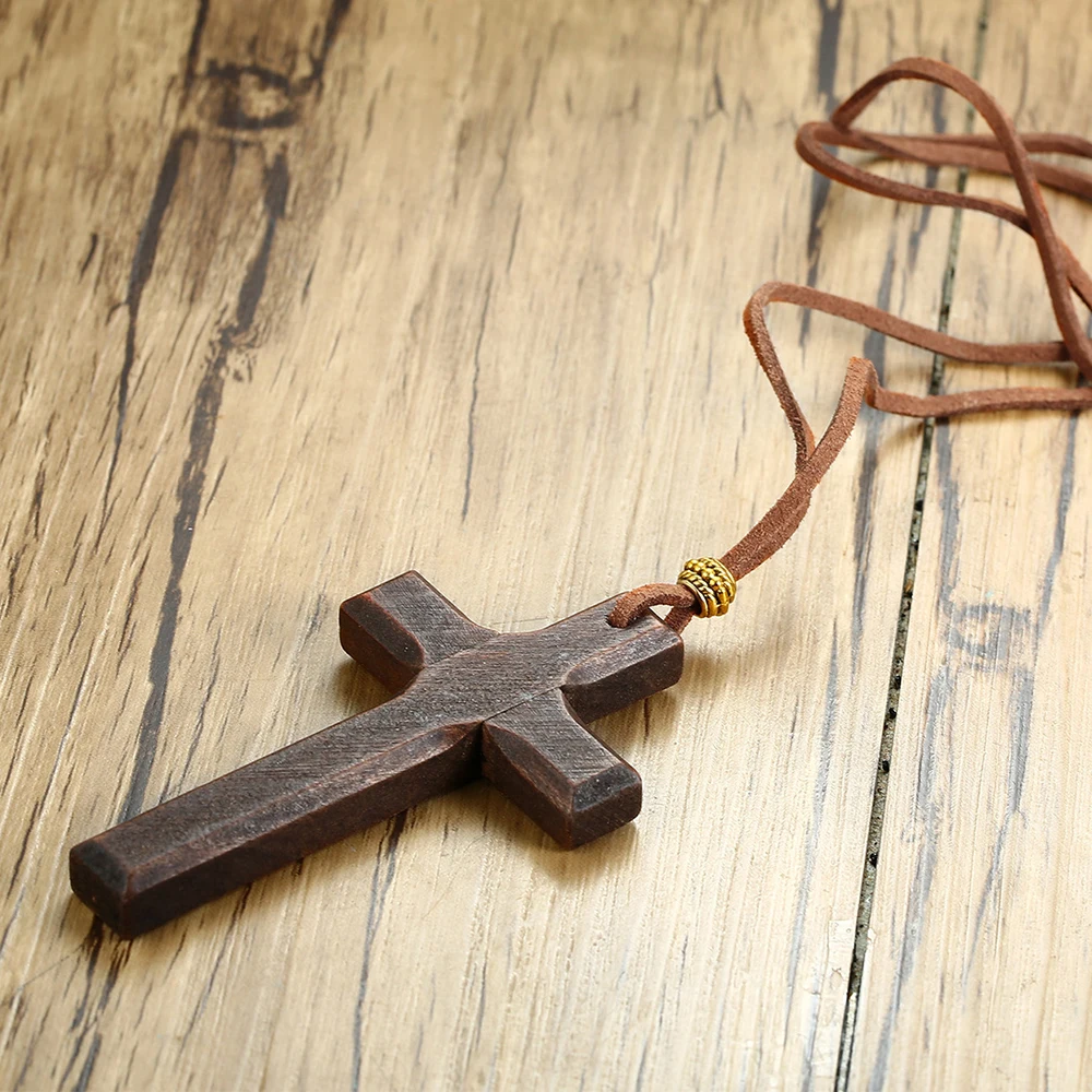 JHSL бренд черный коричневый деревянный крест мужское массивное длинное ожерелье