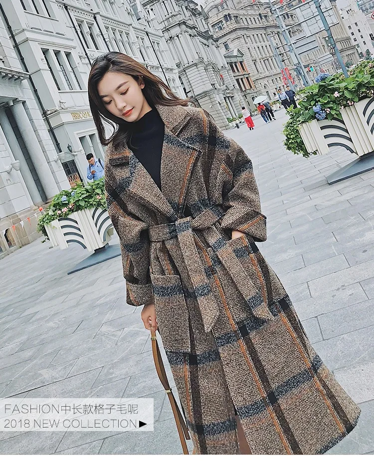 Фотосессия ретро шик контрастный цвет клетчатый Exta-Длинная шерстяная куртка женская OL большой бренд элегантная Талия обнимает на шнуровке Duffle Co