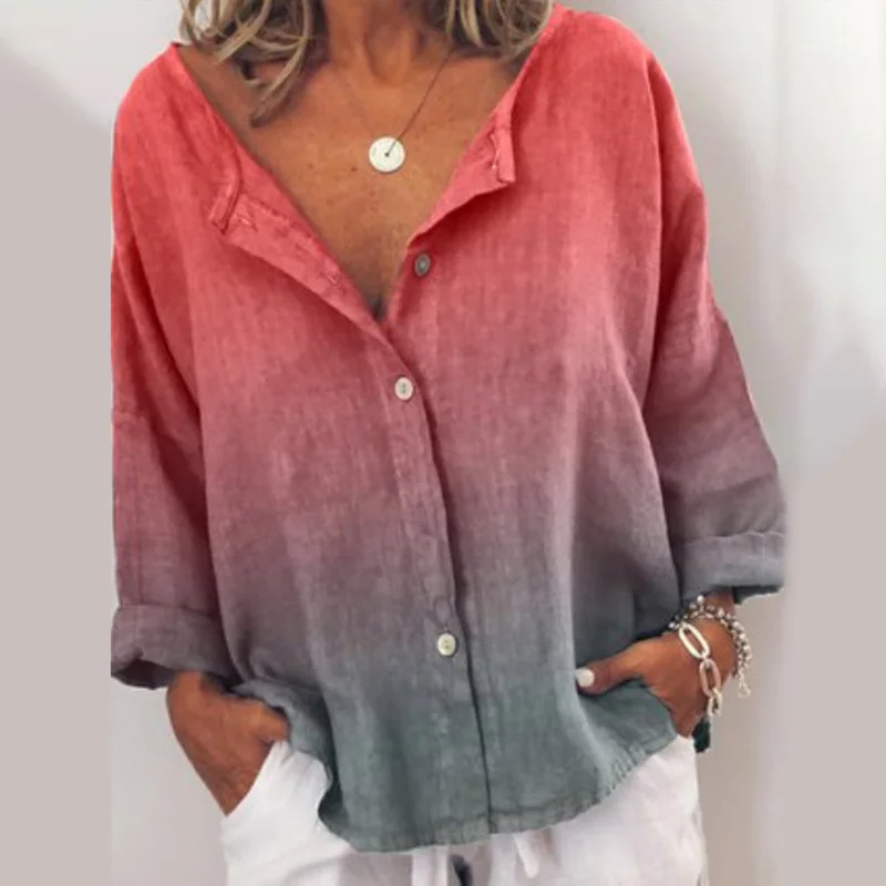 

Fashion Gradient Print Pocket Blouse Ladies Casual Loose V-Neck Tee Top Female Womens Long Sleeve Shirt Pullover