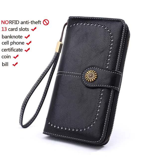 High Quality Women Wallet RFID Anti-theft Leather Wallets For Woman Long Zipper Large Ladies Clutch Bag Female Purse Card Holder w006-black