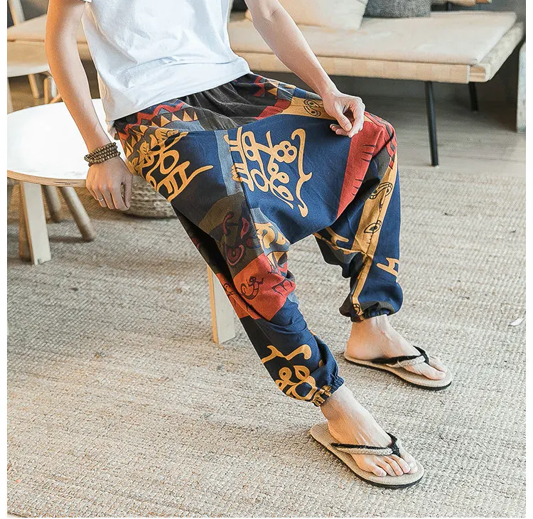 Nice Harajuku Cotton Linen Harem Cross Pants Men Jogger Pants Male Summer Floral Print Hawaii Beach Pants Trousers