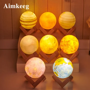 

LED Eight Planets Night Light Rechargeable 3D Print Three-color Variable Moon Lamp for Room Bedside Decoration Christmas Gifts