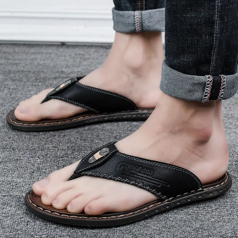 

2019 New Style MEN'S Sandals Genuine Leather Flip-flops Men's Summer Slipper Split Toe Sandals Male Red Celebrity Style Sandals