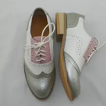 Лидер продаж; Брендовые женские туфли-оксфорды ручной работы; цвет розовый, серебристый; обувь из натуральной кожи с круглым носком на плоской подошве; броги; женские туфли-оксфорды