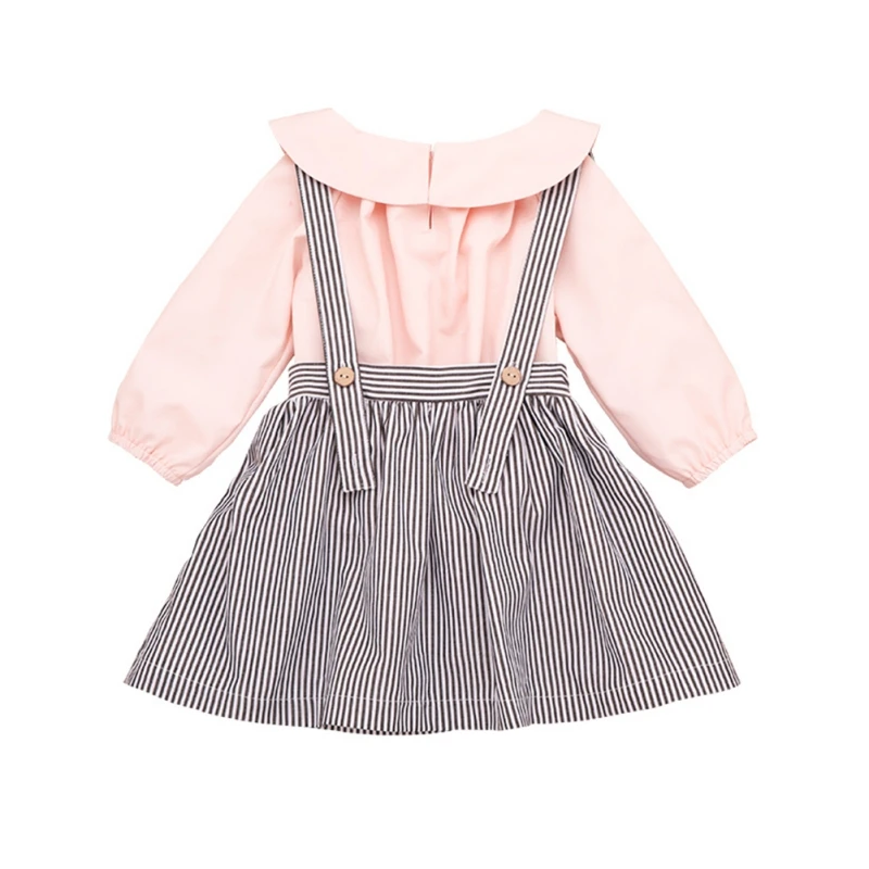 

Kid\\'s Clothes Fashion Girls Striped Strap Dress Lapel Shirt Baby Clothes Set Stripe Girls Overalls Autumn Spring