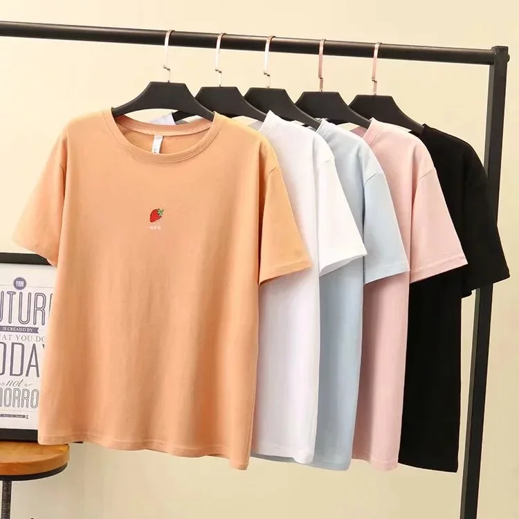 

White T-shirt Crew Neck Pullover Large Size Dress Korean-style Printed Solid Color Short Sleeve T-shirt Versatile 9-8019