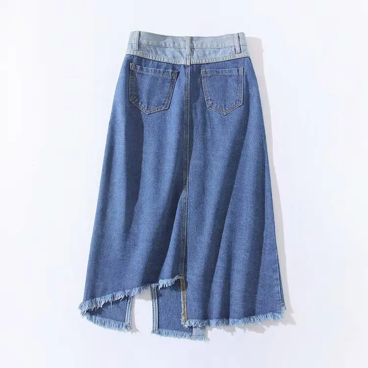 Spring New Style High-waisted Single Breasted Irregular Contrast Color Flash Cowboy Skirt Women's F-6133