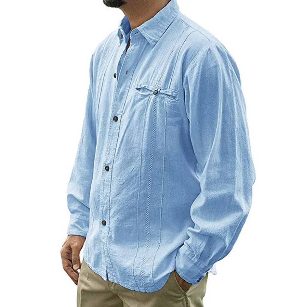 Мужские повседневные рубашки размера плюс 3XL с отложным воротником и пуговицами, однотонные пляжные хлопковые рубашки с длинным рукавом и v-образным вырезом, мужские летние рубашки для мужчин