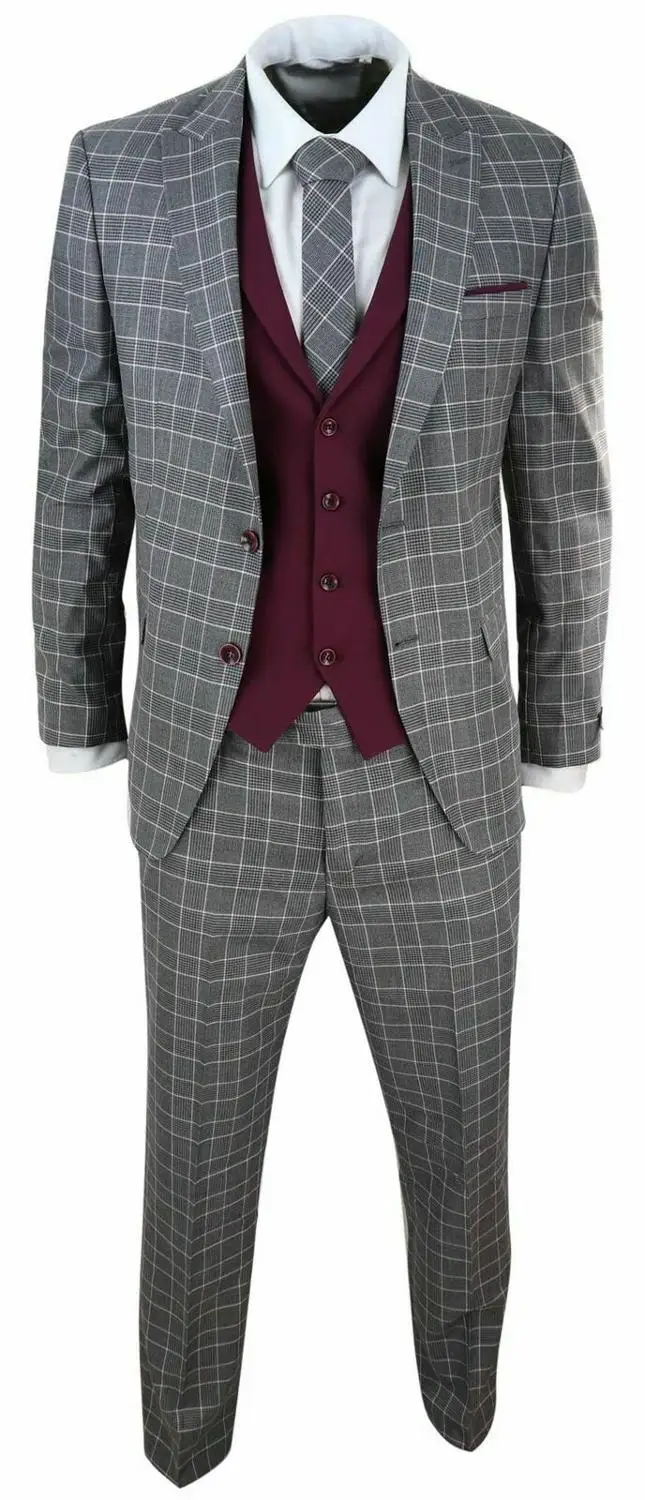 Mens 3 Piece Suit Check 1920s Gatsby 