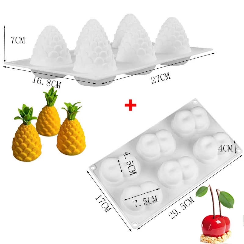 Pineapple and Cherry Силиконовая 3D форма для торта в форме фруктов, форма для мусса, десерта, форма для яблока, лимона, груши, печенья, шоколада, формы для выпечки, сделай сам, противень для выпечки - Цвет: Pineapple and Cherry
