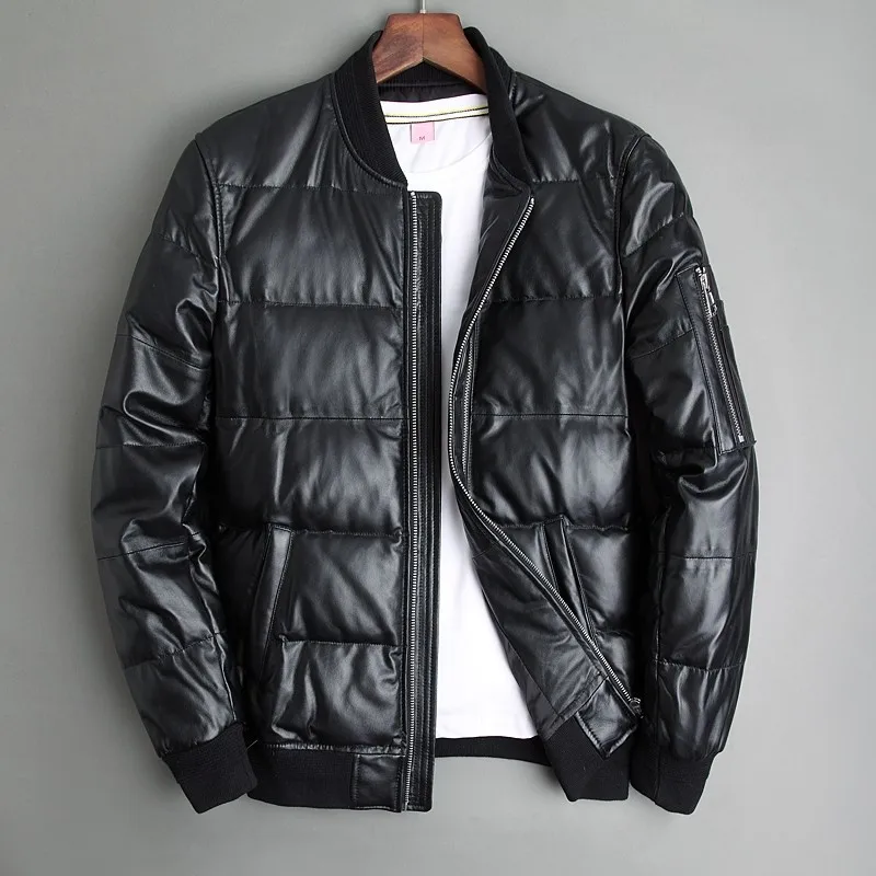

Men Winter Warm Genuine White Duck Down Flight Coats Large Size Real Leather Sheepskin Bomber Jackets Aviation