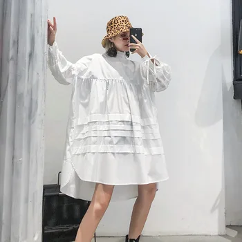 

2020 Spring Autumn New Fashion Stand Collar Long Puff Sleeve Mini Dress Temprament Elegant Irregular Pleated Dress Plus Size