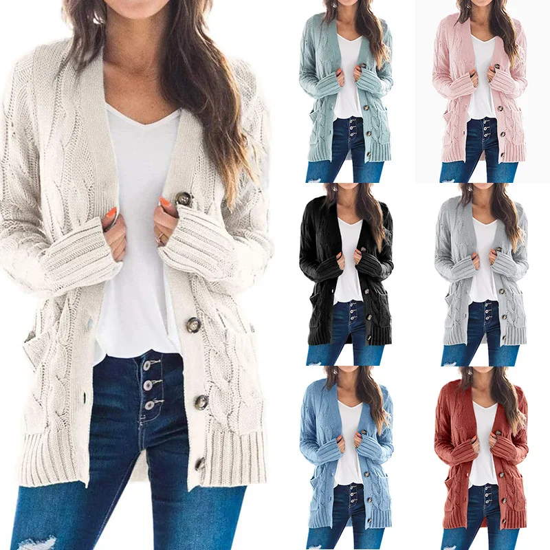

2020 Autumn Winter Women's Casual Cardigan Jacket Twist Button Knitted Sweaters Solid Long Sleeve V-Neck Pocket Coat Outwear