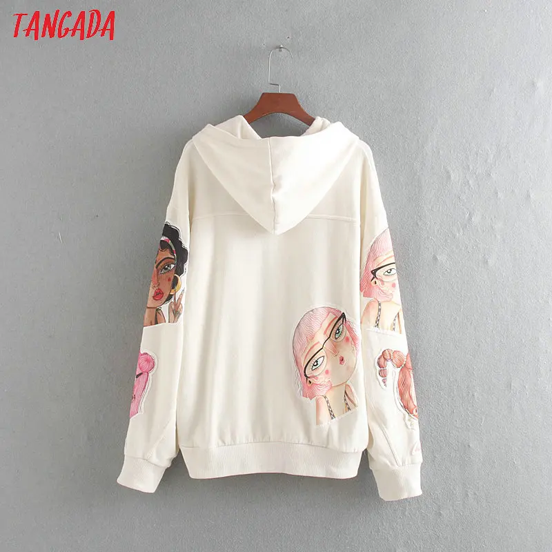 Tangada для женщин мультфильм печати белые кофты оверсайз с длинным рукавом свободный капюшон пуловеры повседневные женские топы CE110