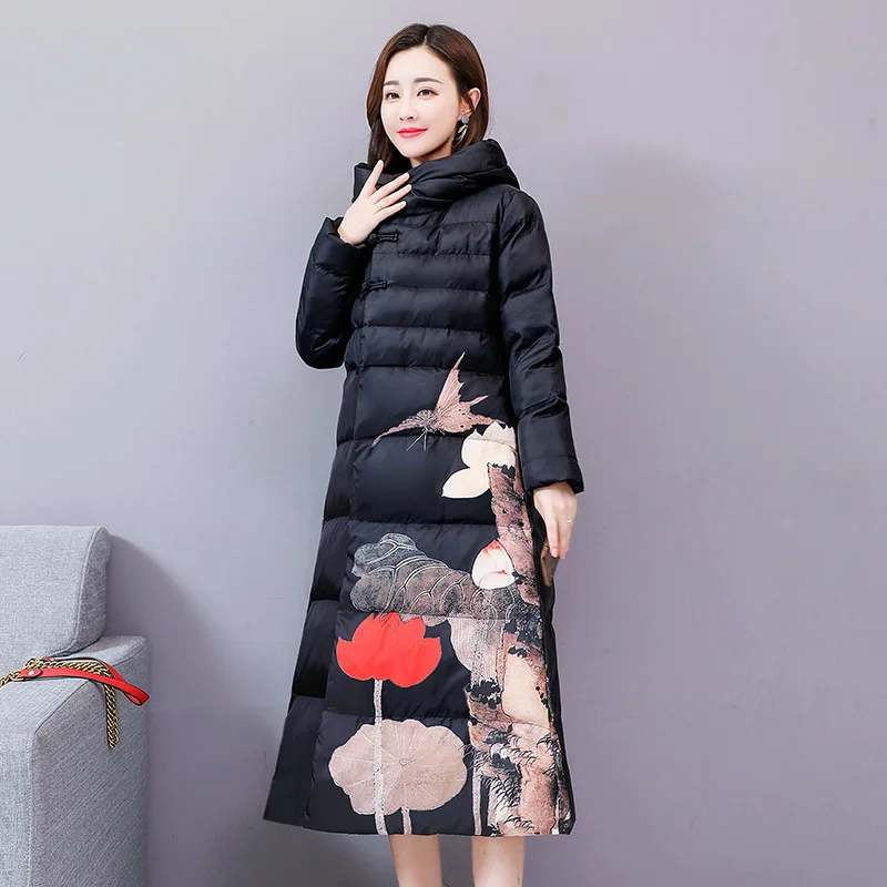 

2018 New Style Winter Women's Mid-length over-the-Knee Cotton-padded Clothes Retro China Ethnic-Style Printed down Jacket Cotton