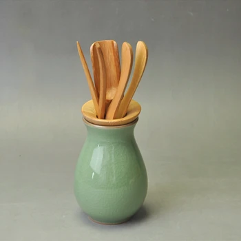 

18cm 6pcs/set simple tea utensils ceramic tea barrels bamboo Kit tea clip/tea spoon/tea needle/ canister/tea strainer/tea scoup