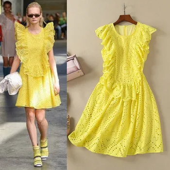 

European and American Style 18 Summer Fashion zou xiu kuan round Neck Sleeveless Spell Ruffled Cotton kuan Princess Dress