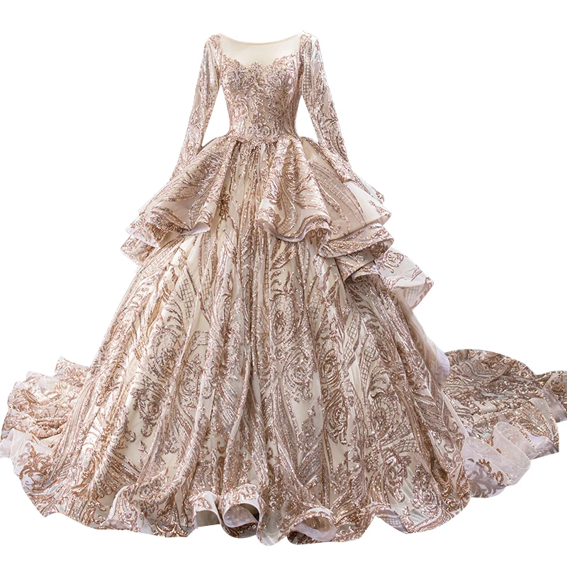 Золотое роскошное бальное платье с длинным рукавом, кружевное вечернее платье с блестками и кристаллами, вечерние платья, торжественное платье, Robe de Soiree MS04