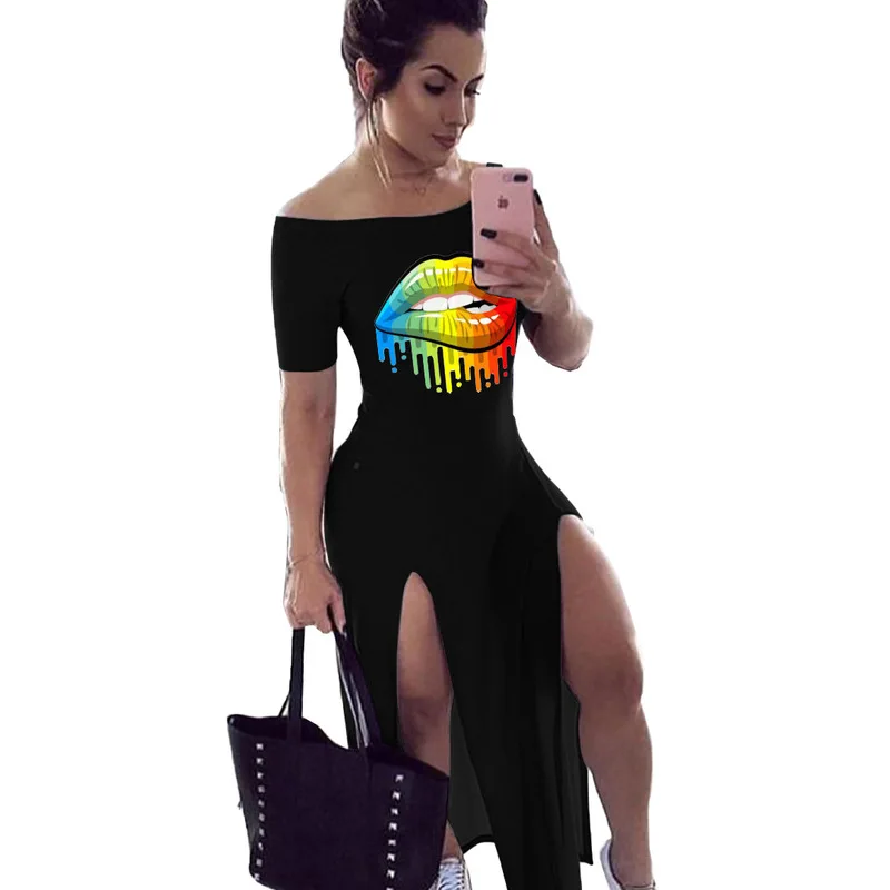 

2020 New Summer Plus Size Women Dress Sexy Off The Shoulder Split Personality 3d Printed Lips Dress S M L Xl Xxl 3xl
