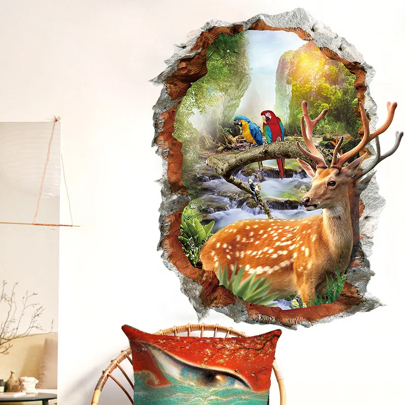 Wall Stickers Self Adhesive 3D Broken Hole Landscape Deer Bedroom Room Decoration