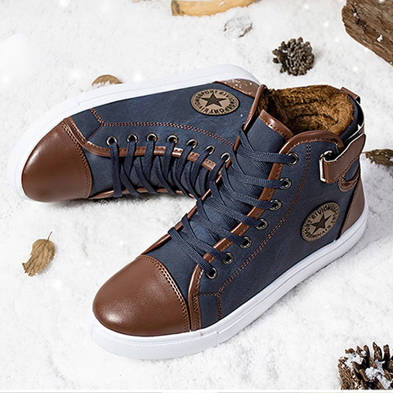 Зимняя Теплая мужская повседневная обувь мужская обувь из искусственной кожи до щиколотки обувь на высоком каблуке мужские лоферы на шнуровке на плоской подошве - Цвет: blue velvet