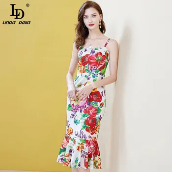 

LD LINDA DELLA Sexy Off Shoulder Sheath Mermaid Party Dress Women Spaghetti Strap Floral Print Summer Vintage Ladies Midi Dress