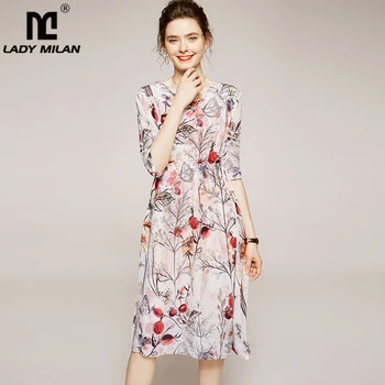 

100% Silk Women's Dresses Sexy V Neck Half Sleeves Floral Printed Fashion Casual Designer Dresses