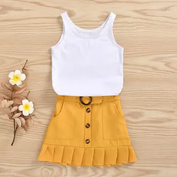 

2020 Fashion Toddler Baby Girl Clothes Sets Summer Solid Sleeveless Bodysuit Romper + Button Skirt 2pcs Clothes Set for 1-5Y