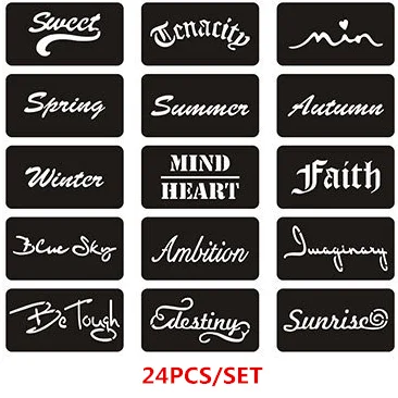 

24pcs/set Pochoir Tatouage Reusable Henna Stencils Sexy Letters Design Glitter Tattoo Stencils for Painting Airbrush Stencil