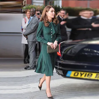

European Grand Prix 19 in Spring and Summer Women's Clothing Princess Same Department Lead Long-Sleeved Green Dot Midi Dress