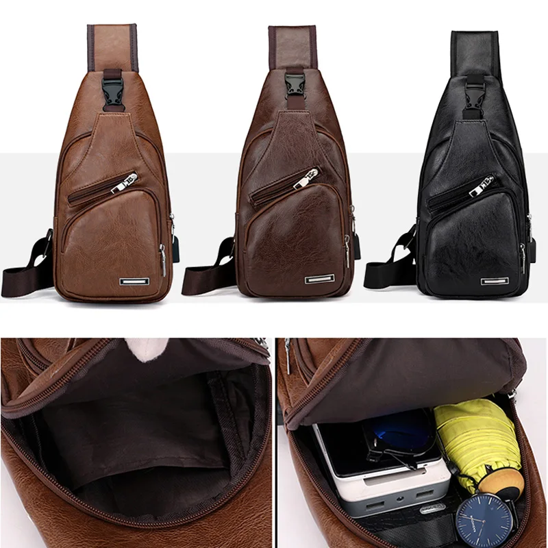 

NEW Men Sport Chest Bag Vintage PU Zipper Open Crossbody Bag with Earphone Holes