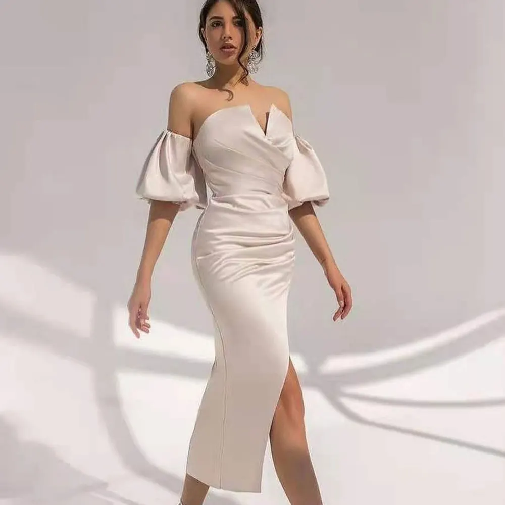 mermaid wedding dress Elegant Mermaid Short Wedding Dress Strapless Lantern Sleeve Sexy Split Bridal Gowns Mid Calf Length Custom Made Vestidos De bridesmaid dresses