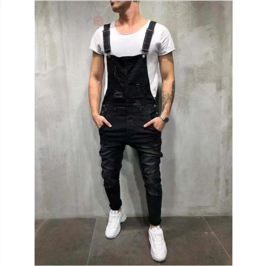 Monos vaqueros rasgados de alta calidad para hombre, Peto vaquero desgastado, pantalones con tirantes, talla XXXL