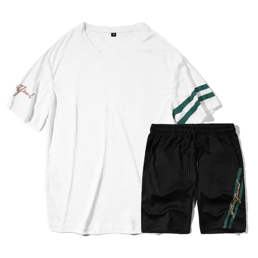 Мужские уличные комплекты из 2 предметов, футболки+ шорты, мужские летние Брендовые спортивные костюмы из двух предметов, модные повседневные футболки для тренажерного зала, тренировочные комплекты для фитнеса - Цвет: White TZ46