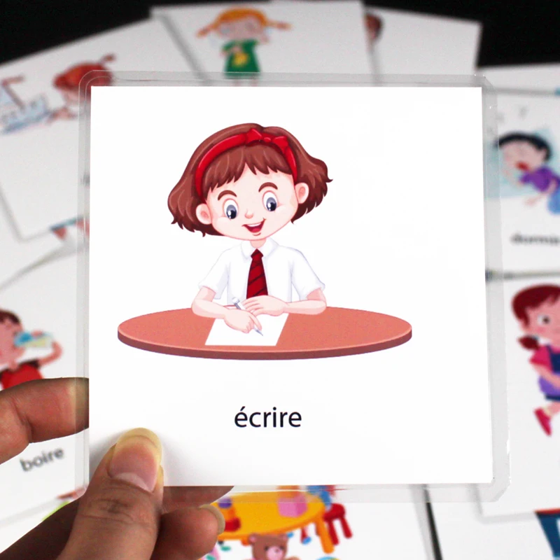 Kids Montessori Baby Learn French Emotion/Action Word Flashcards Cognitive Educational Toys Picture Memorise Gifts for Children 2
