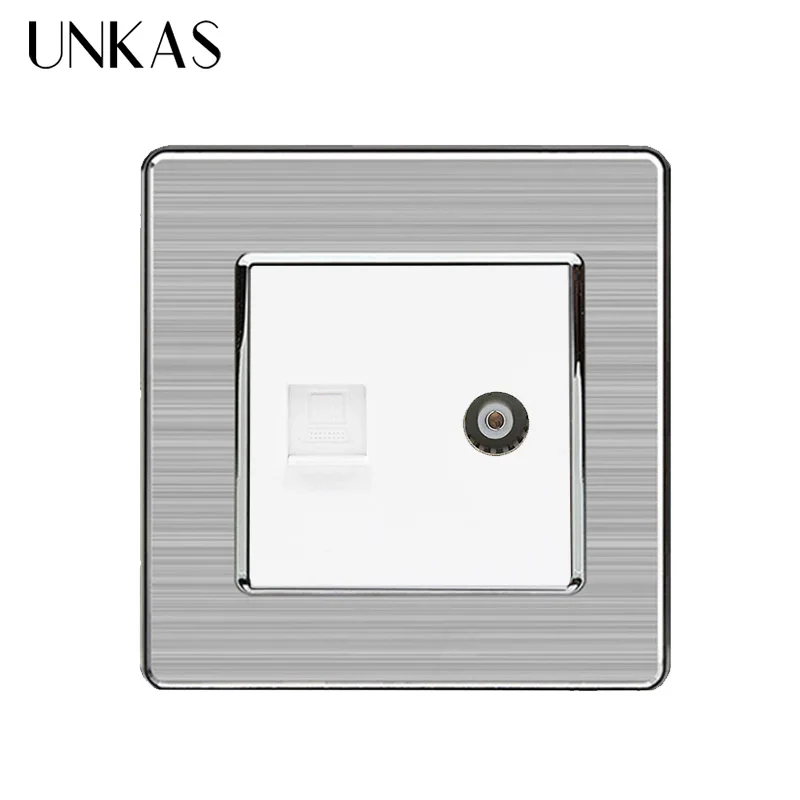UNKAS 2 комплекта RJ45 Интернет-данных компьютерный разъем CAT5E разъем с женским ТВ-выходом из нержавеющей стали матовая панель настенная розетка