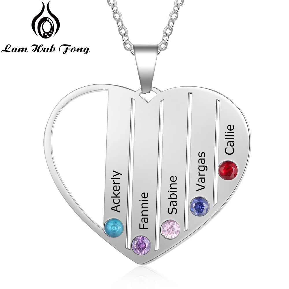 

Custom Name Necklace with 5 Birthstones Personalized Heart Pendant Necklace for Women Love Family Gift for Mom (Lam Hub Fong)
