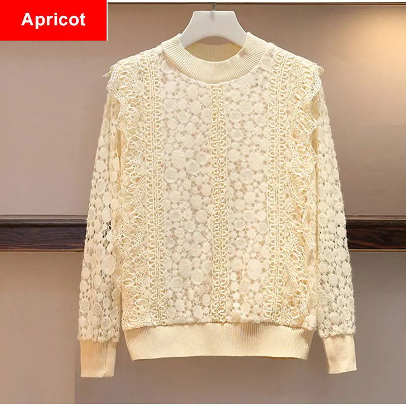 Элегантные кружевные блузы размера плюс, абрикосового цвета, 5XL, сексуальные женские рубашки с оборками, женские Топы с длинным рукавом на лето и осень - Цвет: Apricot