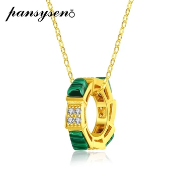 

PANSYSEN Yellow Gold Color Round Circle Turquoise Gemstone Pendant Necklace Solid Silver 925 Fine Jewelry Wholesale Party Gifts
