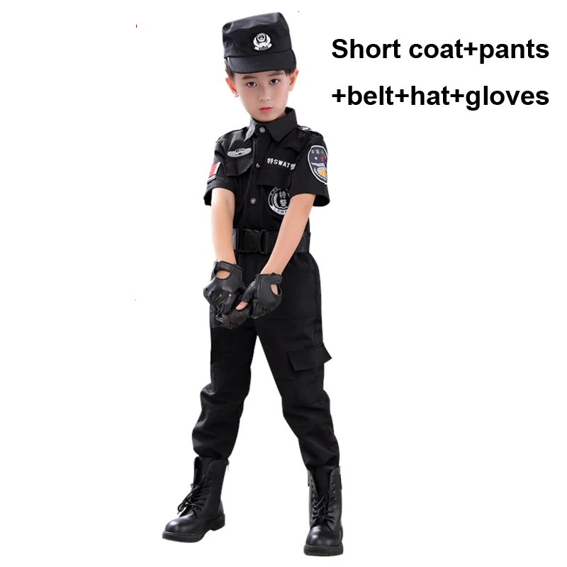 Boys Police Kids Uniform Children Cosplay Policemen Costumes Special Army Military Uniform Kindergarten Performance Clothing Set - Цвет: Set Belt Gloves Hat