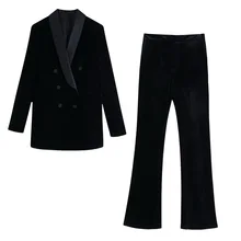 Женский черный костюм, осень, Модный мягкий бархатный блейзер и штаны, современный женский комплект из 2 предметов