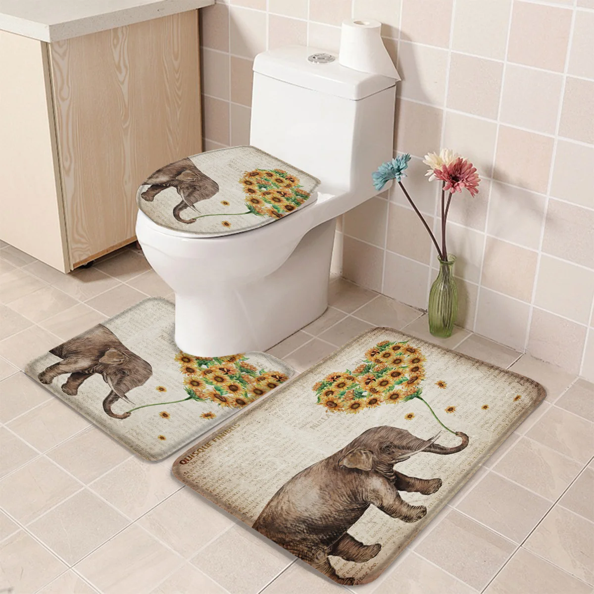 3 Pieces Bathroom Set Sunflowers And Elephants Newspapers Bath Set Toilet Cover Mat Pedestal Rug Non-Slip Bathroom Rug Set