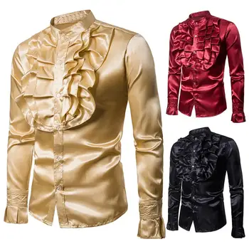

2020 Men Autumn Solid Color Stand Collar Jabot Long Sleeve Shirt Top Party Costume