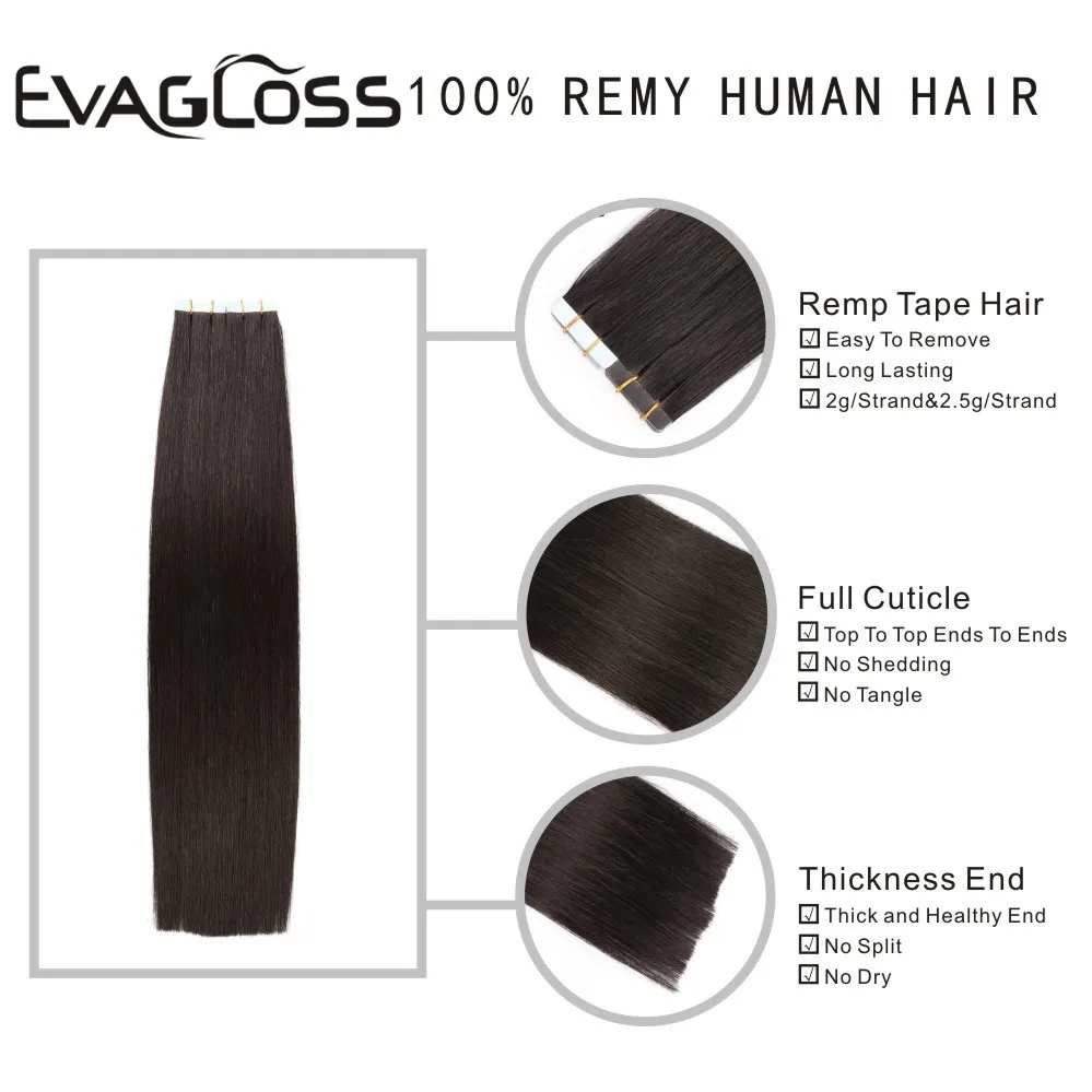 EVAGLOSS Skin Weft Machine Remy Tape in Human Hair Extensions 20pcs 40pcs 80pcs Adhesive Double Sided Tape in Hair Extensions
