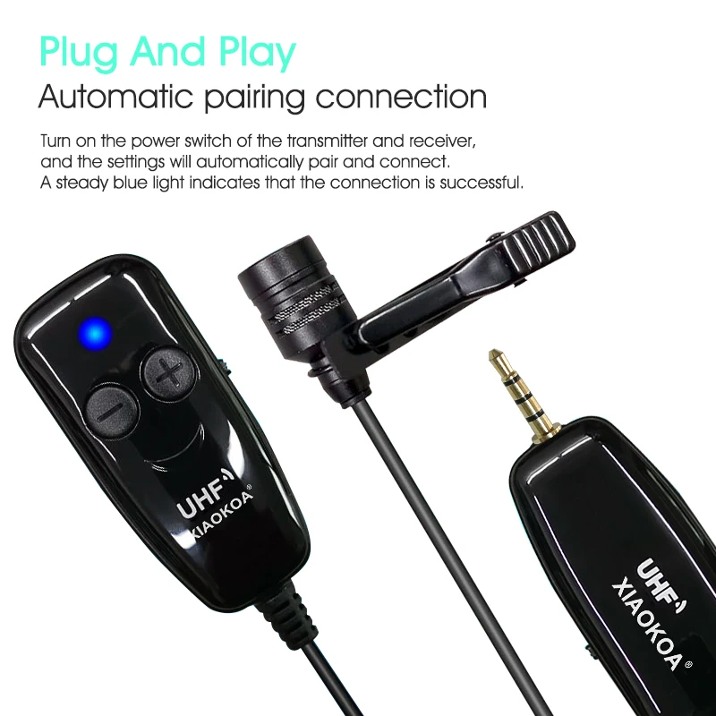 XIAOKOA UHF Lavalier Lapel Wireless Microphone Recording Vlog Youtube Live Interview for Iphone Ipad Android DSLR