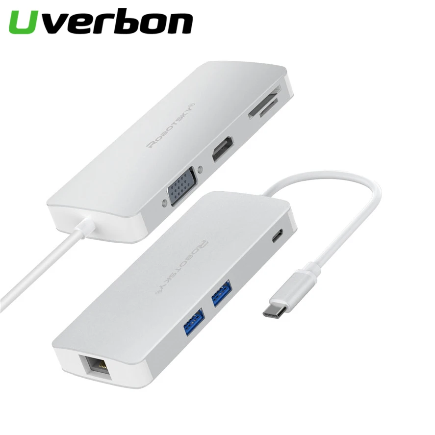 8 в 1 USB-C USB 3,1 type C концентратор с VGA 4K HDMI видео type C зарядный концентратор для Macbook HD TF SD кардридер 1000 м RJ45 Ethernet