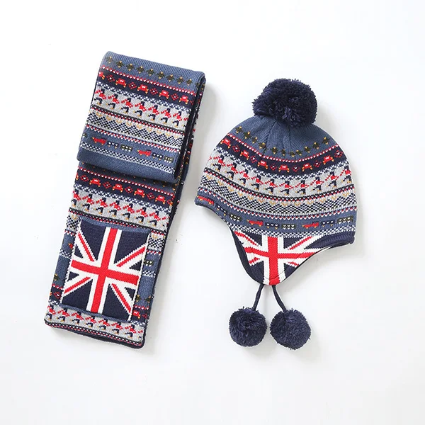 Темно-синий Hat Scarf Set Kid Boy Winter Fleece Lining Beanie Warm Head Skiing Outdoor Accessory For Baby - Цвет: Темно-синий