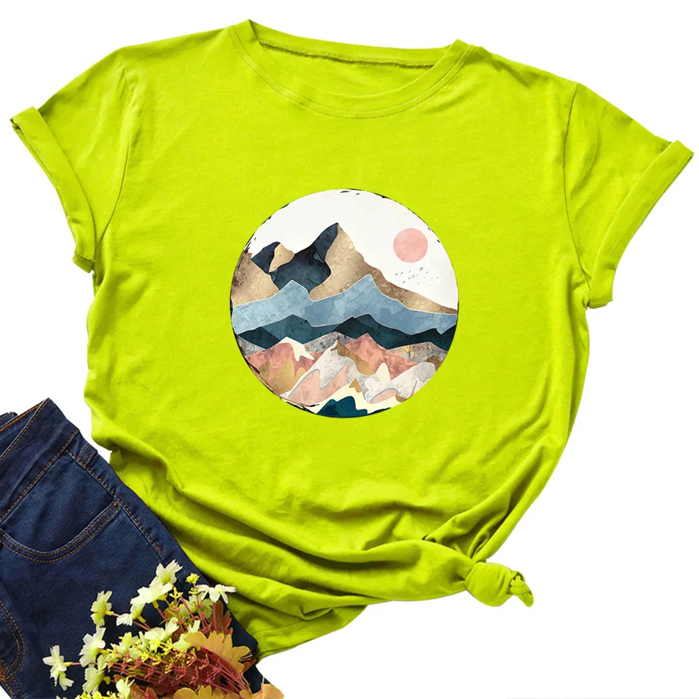 Plus Size Women's Tops T Shirt Creative Golden Mountain Peak Women T-shirt Graphic Funny Print Cotton Tshirt Summer Top Tees