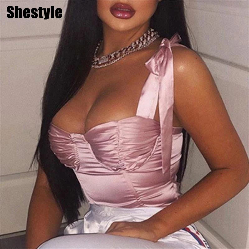 Женский атласный укороченный топ Shestyle розовый на завязках весна лето 2020 модный