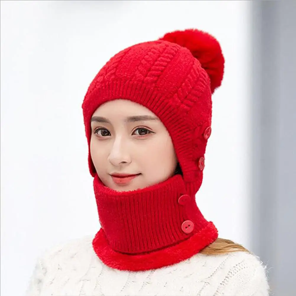 MISSKY Lady Warm One-piece Women Hat-Mask-Scarf Winter Thicken Knitting Wool Ball Riding Outdoor Beanies For Female